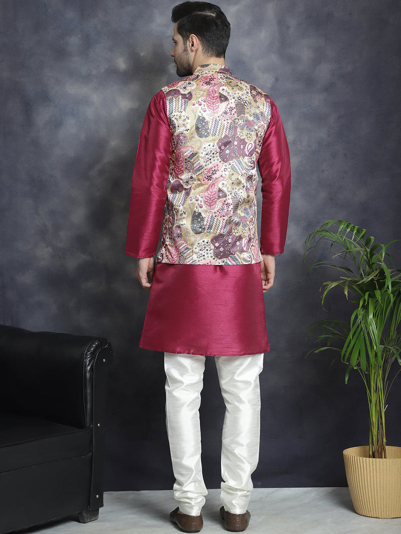 Men's Digital Print and Zari Work Nehru Jacket With Kurta Pyjama Set ( JOKPWC 636PR 4086Purple )