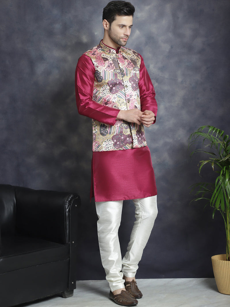 Men's Digital Print and Zari Work Nehru Jacket With Kurta Pyjama Set ( JOKPWC 636PR 4086Purple )