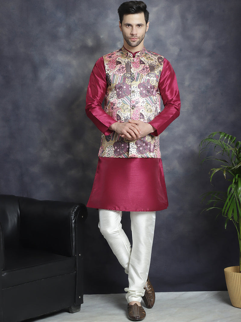 Men's Digital Print and Zari Work Nehru Jacket With Kurta Pyjama Set ( JOKPWC 636PR 4086Purple )