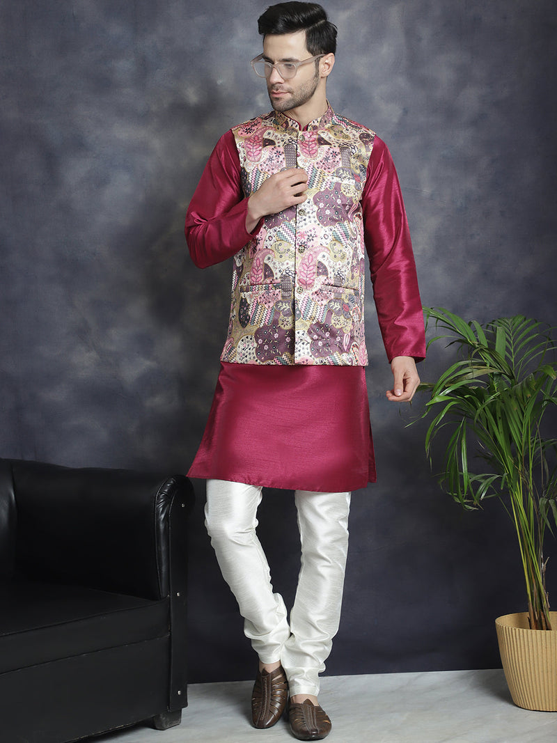 Men's Digital Print and Zari Work Nehru Jacket With Kurta Pyjama Set ( JOKPWC 636PR 4086Purple )