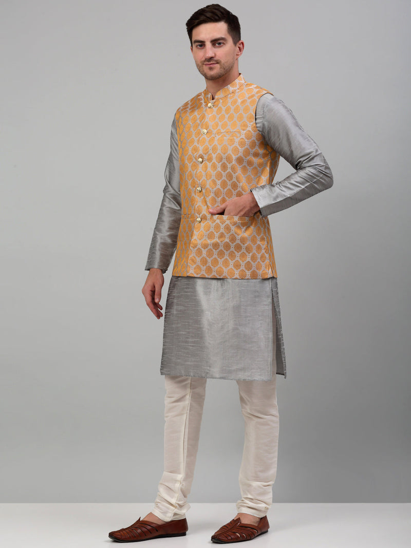 Men's Woven Design Nehru Jacket and Kurta Pyjama Set