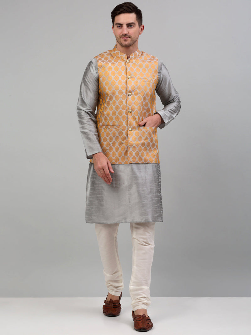 Men's Woven Design Nehru Jacket and Kurta Pyjama Set