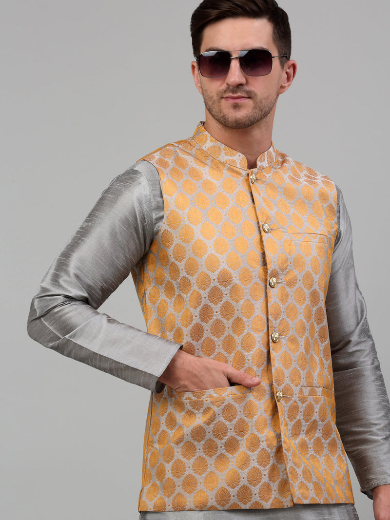 Men's Woven Design Nehru Jacket and Kurta Pyjama Set