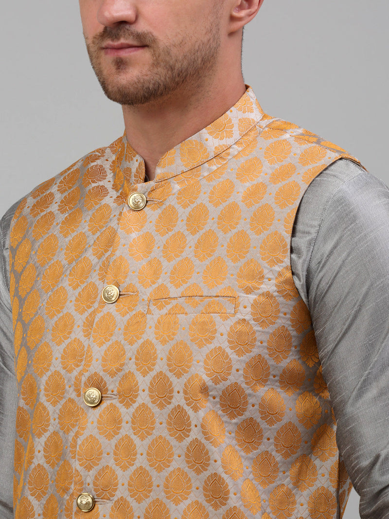 Men's Woven Design Nehru Jacket and Kurta Pyjama Set