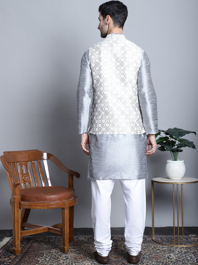 Men's Woven Design Nehru Jacket With Kurta Pyjama Set