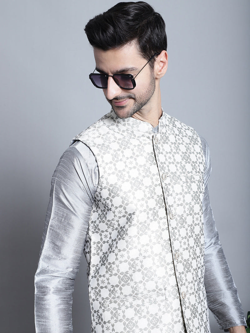 Men's Woven Design Nehru Jacket With Kurta Pyjama Set