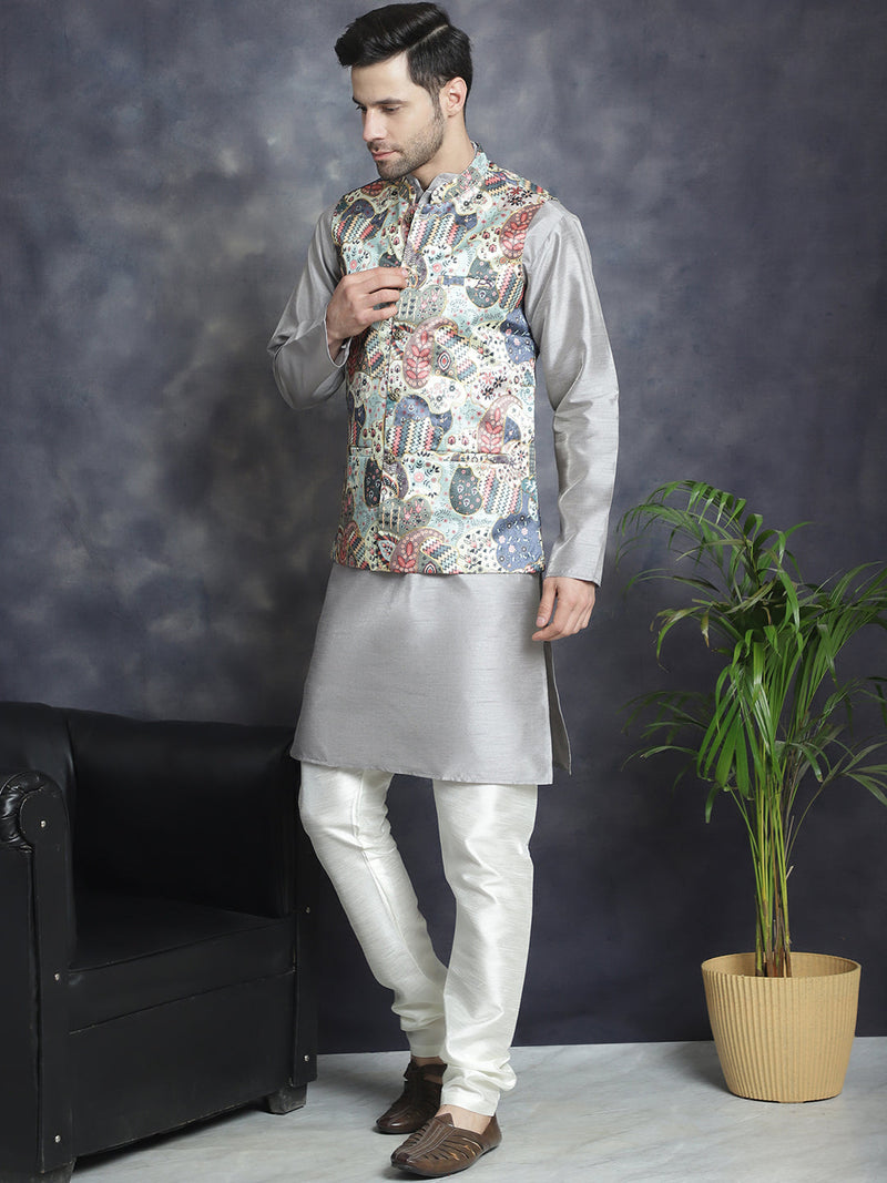 Men's Digital Print and Zari Work Nehru Jacket With Kurta Pyjama Set ( JOKPWC 636S 4086Blue )