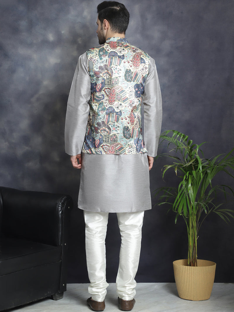 Men's Digital Print and Zari Work Nehru Jacket With Kurta Pyjama Set ( JOKPWC 636S 4086Blue )