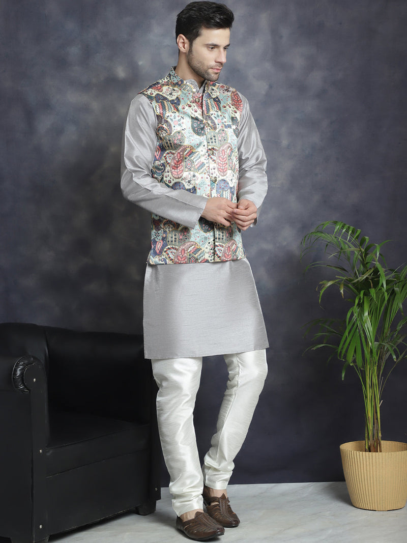 Men's Digital Print and Zari Work Nehru Jacket With Kurta Pyjama Set ( JOKPWC 636S 4086Blue )