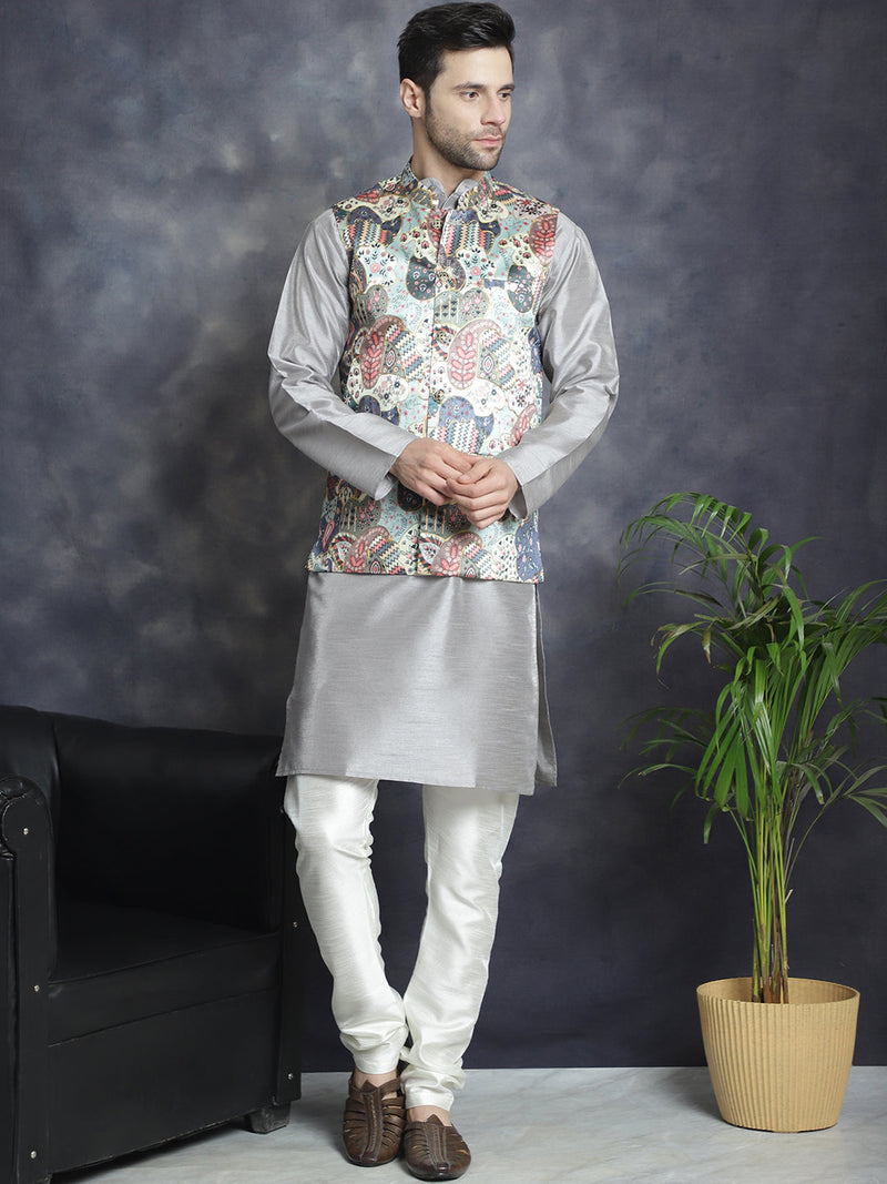 Men's Digital Print and Zari Work Nehru Jacket With Kurta Pyjama Set ( JOKPWC 636S 4086Blue )