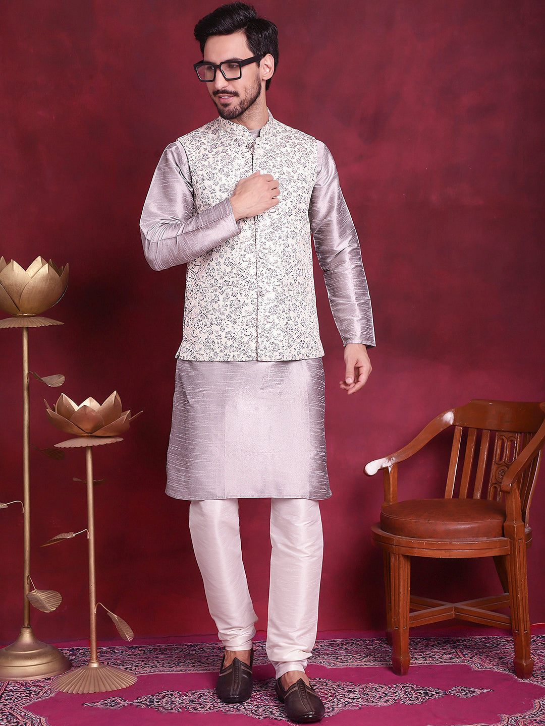 Woven Design Nehru Jacket With Kurta Pyjama Set ( JOKPWC 636S 4087 Gre