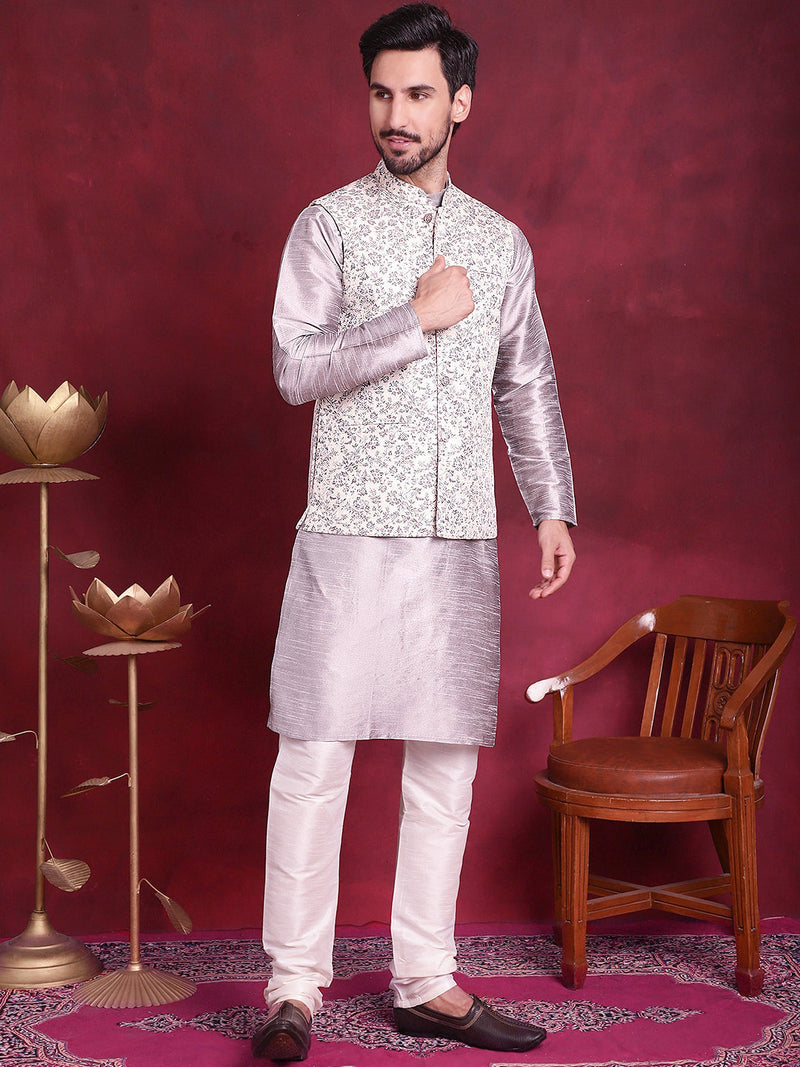 Woven Design Nehru Jacket With Kurta Pyjama Set ( JOKPWC 636S 4087 Grey )