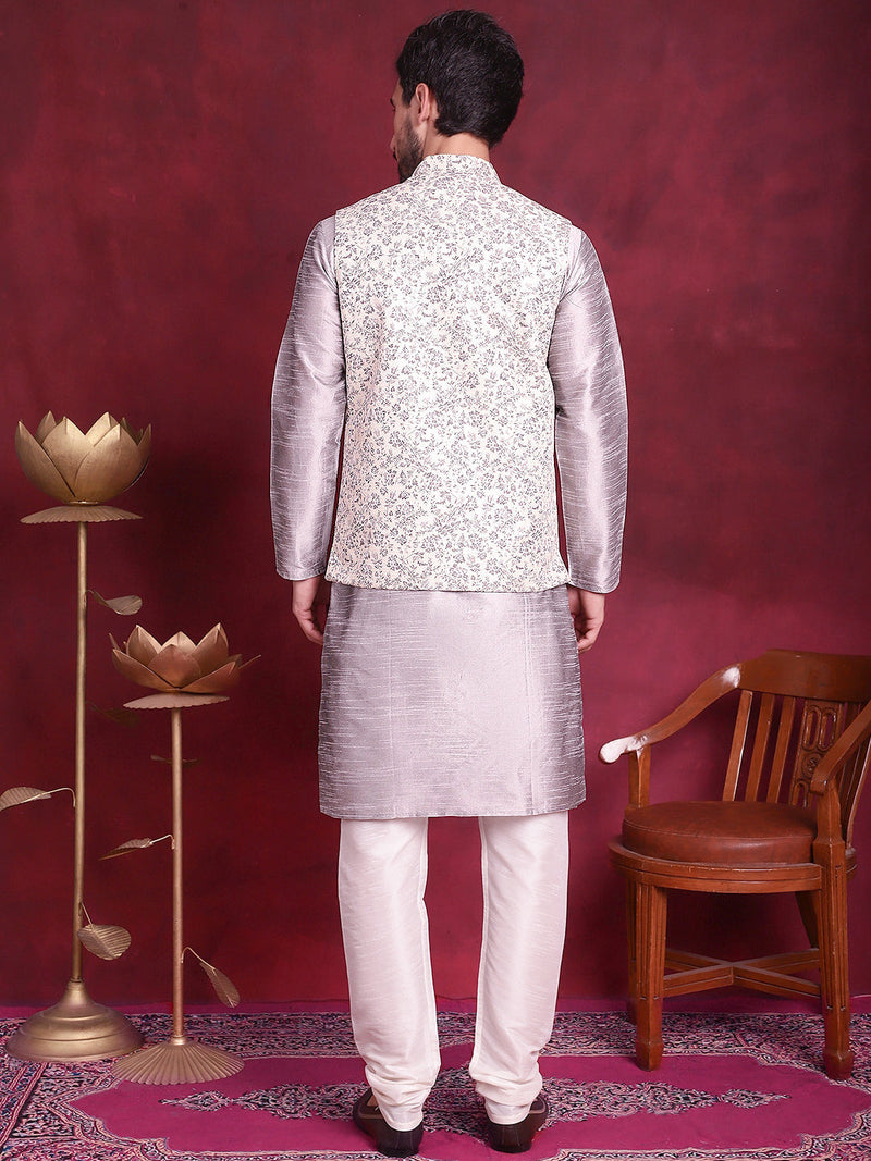 Woven Design Nehru Jacket With Kurta Pyjama Set ( JOKPWC 636S 4087 Grey )