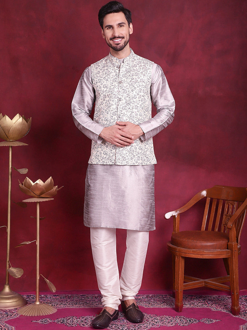 Woven Design Nehru Jacket With Kurta Pyjama Set ( JOKPWC 636S 4087 Grey )