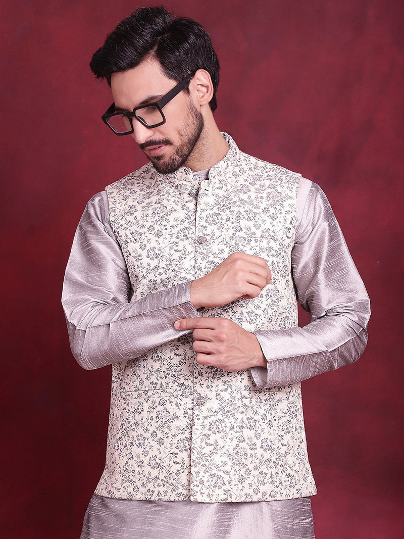 Woven Design Nehru Jacket With Kurta Pyjama Set ( JOKPWC 636S 4087 Grey )