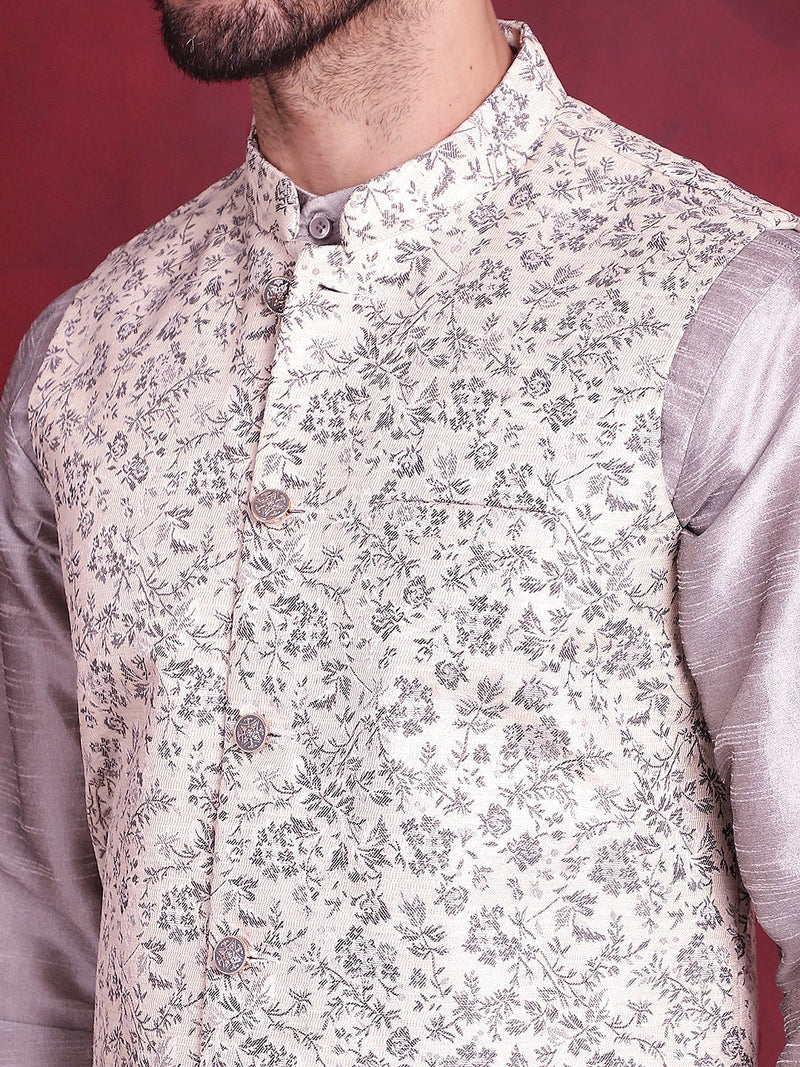 Woven Design Nehru Jacket With Kurta Pyjama Set ( JOKPWC 636S 4087 Grey )