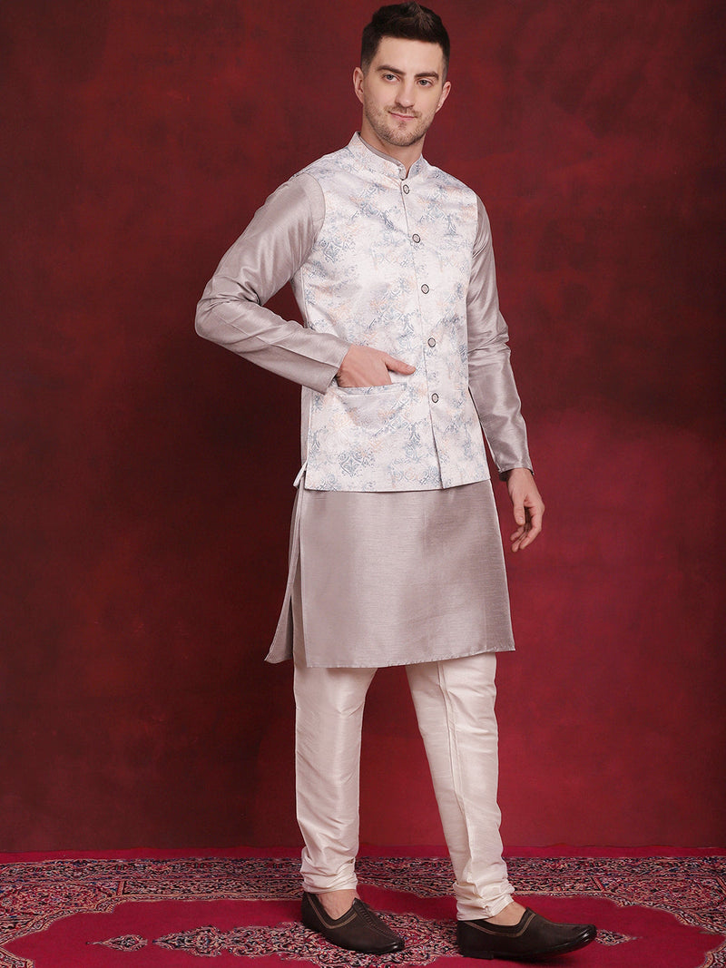 Silver Floral Printed Nehru Jacket With Kurta Pyjama Set ( JOKPWC 636S 4090Silver )