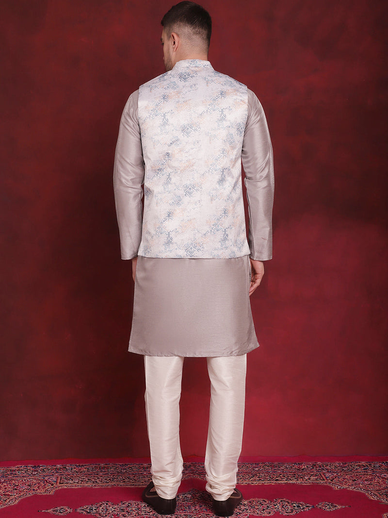 Silver Floral Printed Nehru Jacket With Kurta Pyjama Set ( JOKPWC 636S 4090Silver )