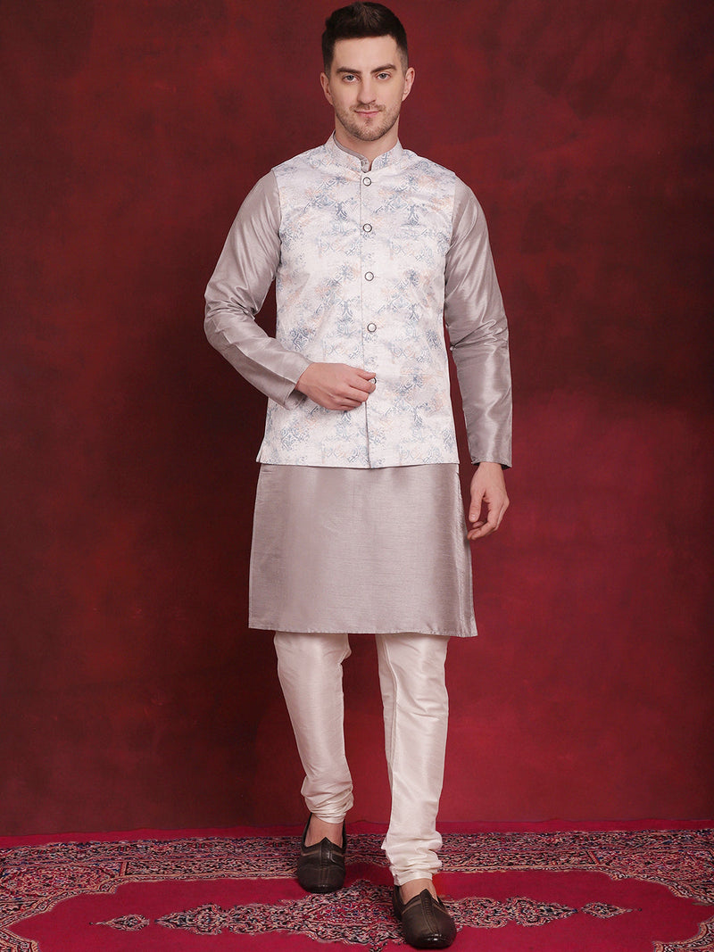 Silver Floral Printed Nehru Jacket With Kurta Pyjama Set ( JOKPWC 636S 4090Silver )