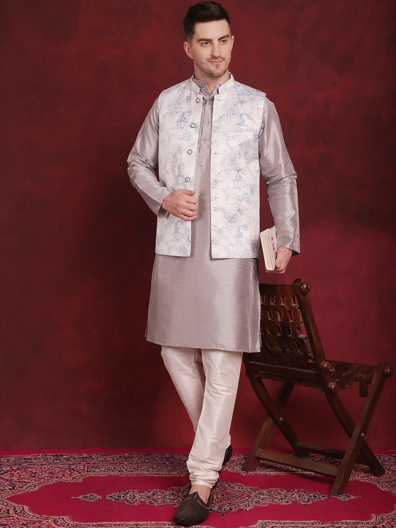 Silver Floral Printed Nehru Jacket With Kurta Pyjama Set ( JOKPWC 636S 4090Silver )