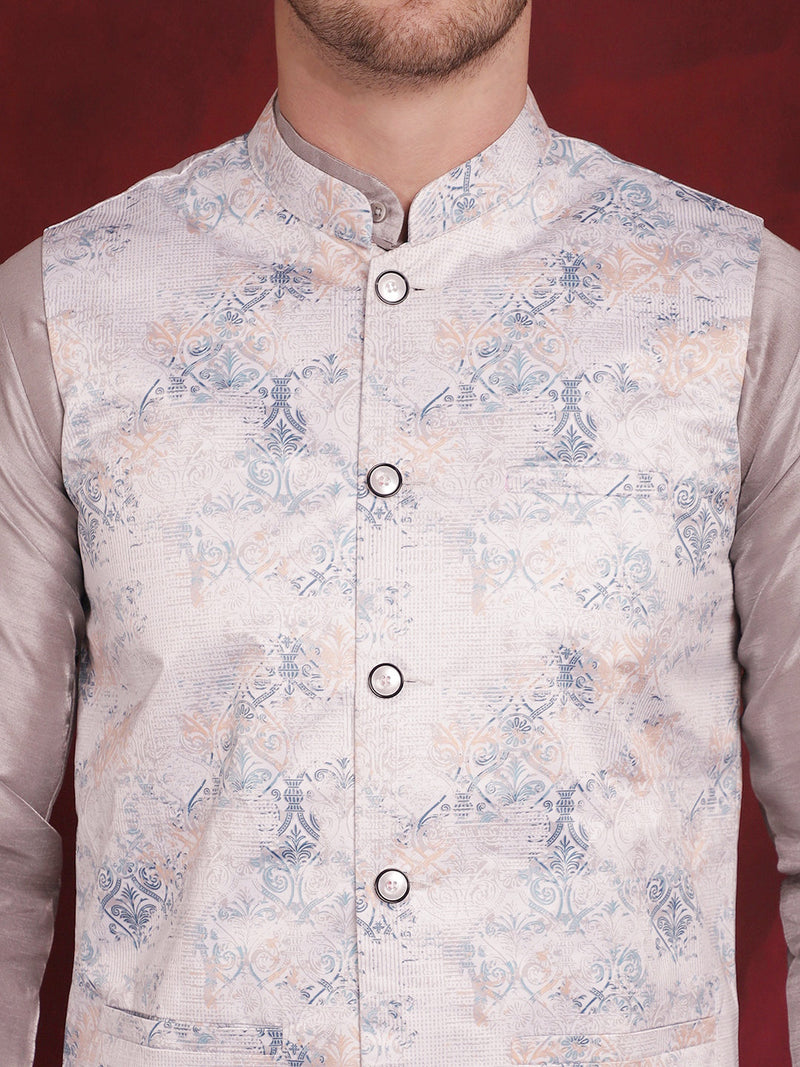 Silver Floral Printed Nehru Jacket With Kurta Pyjama Set ( JOKPWC 636S 4090Silver )