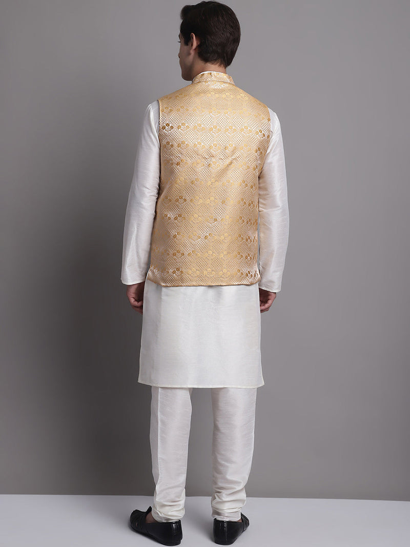 Men's Golden Woven Design Nehru Jacket With Solid Kurta Pyjama.