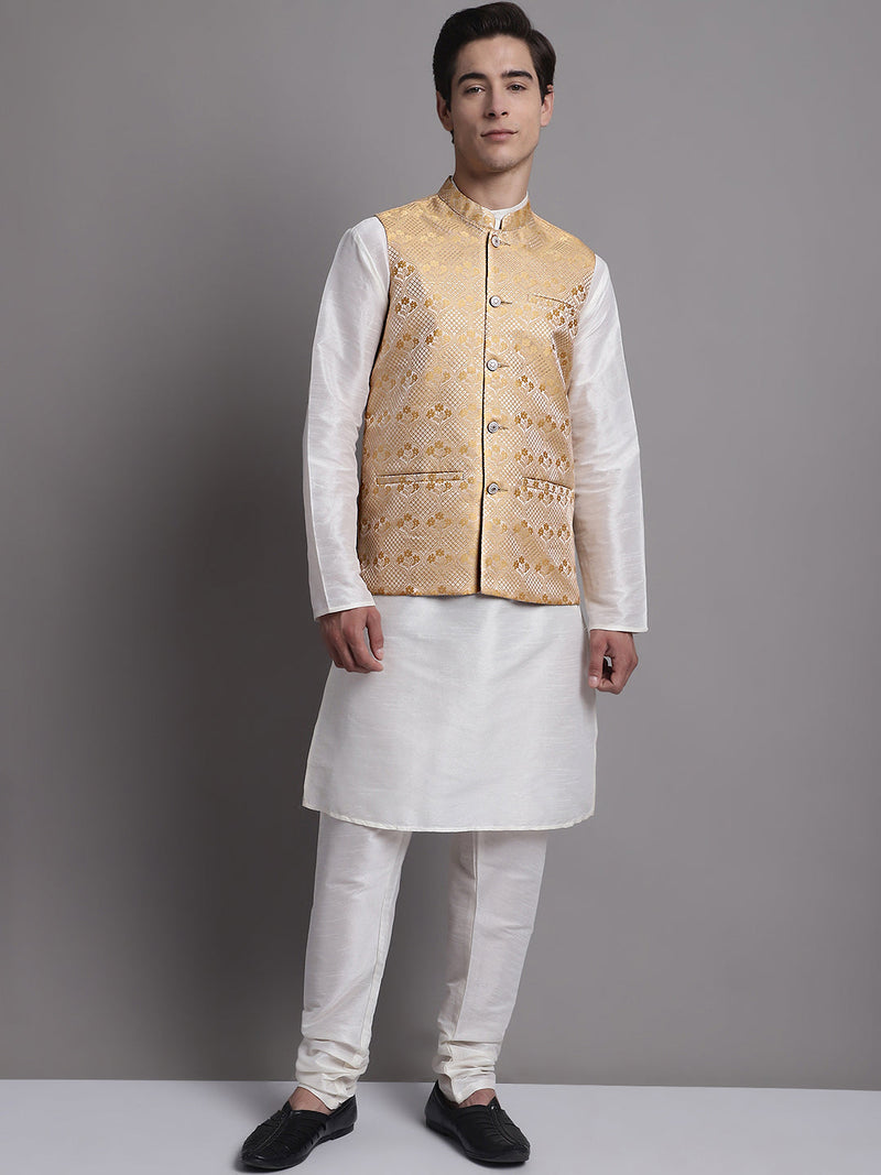 Men's Golden Woven Design Nehru Jacket With Solid Kurta Pyjama.