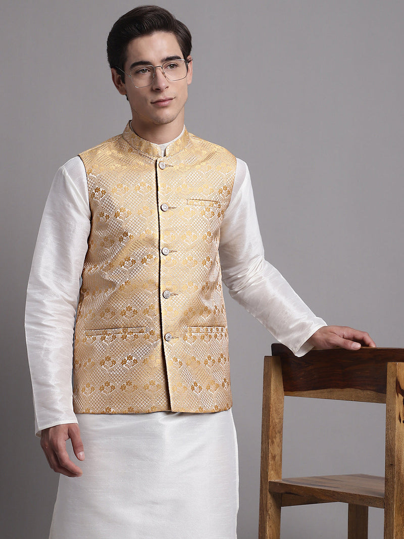 Men's Golden Woven Design Nehru Jacket With Solid Kurta Pyjama.