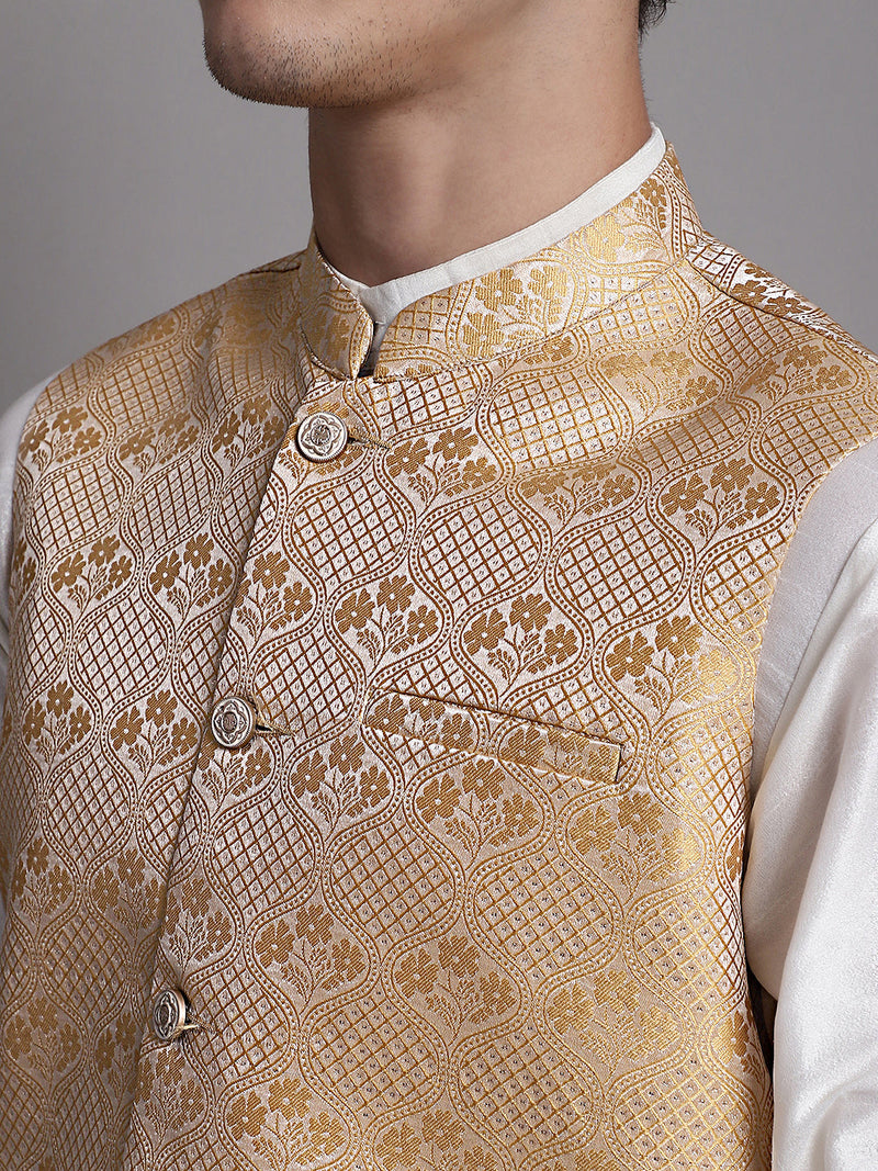 Men's Golden Woven Design Nehru Jacket With Solid Kurta Pyjama.