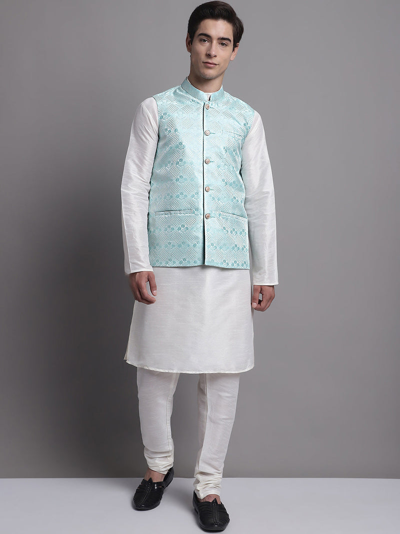 Men's Turquoise Blue Woven Design Nehru Jacket With Solid Kurta Pyjama.