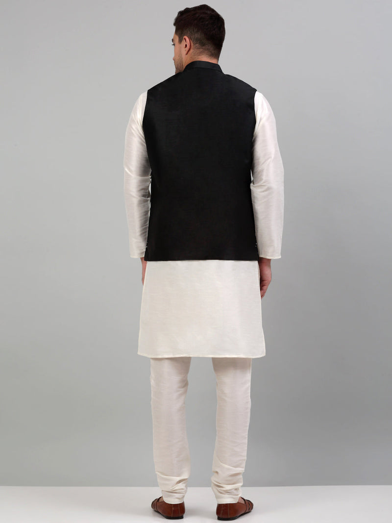 Men's Embroidered Nehru Jacket With Solid Kurta Pyjama Set.