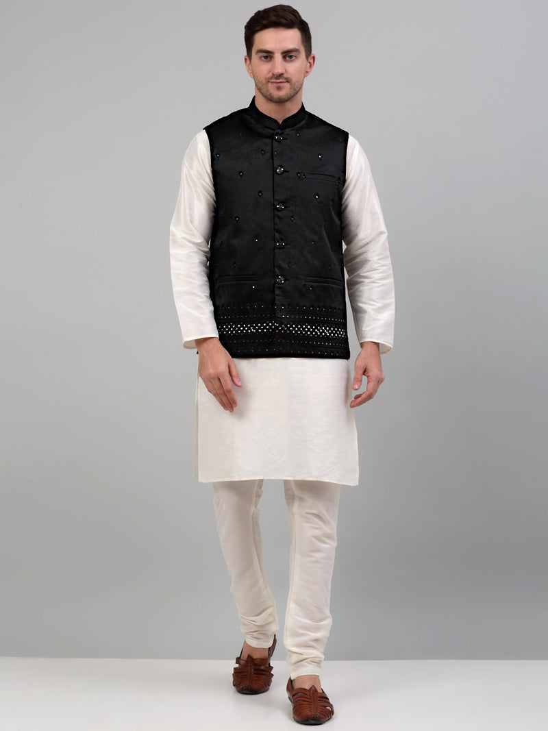 Men's Embroidered Nehru Jacket With Solid Kurta Pyjama Set.