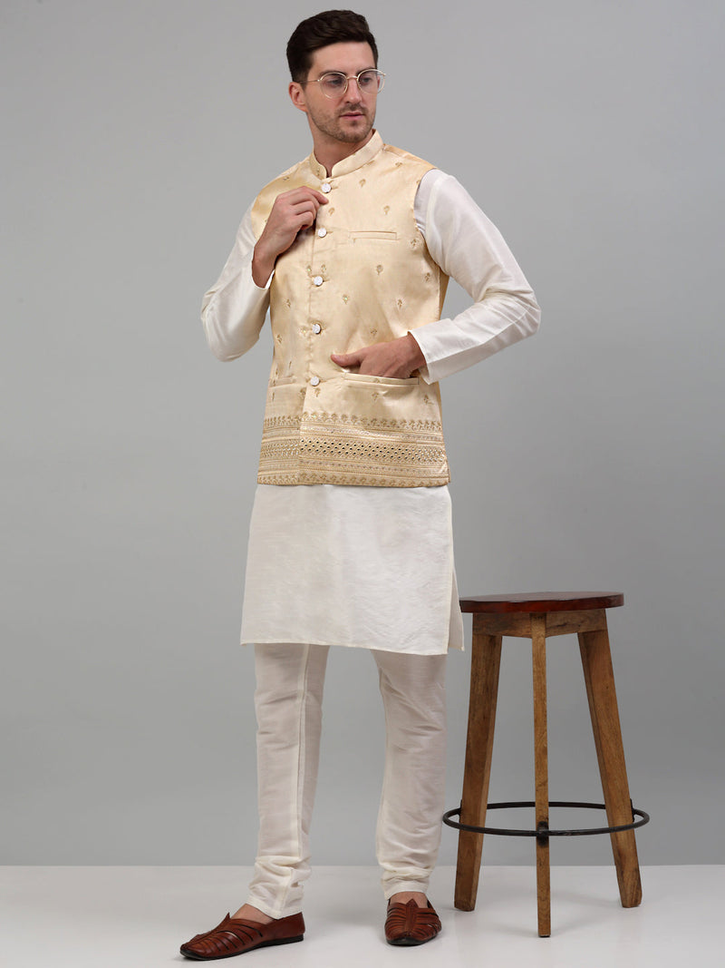 Men's Embroidered Nehru Jacket With Solid Kurta Pyjama Set.