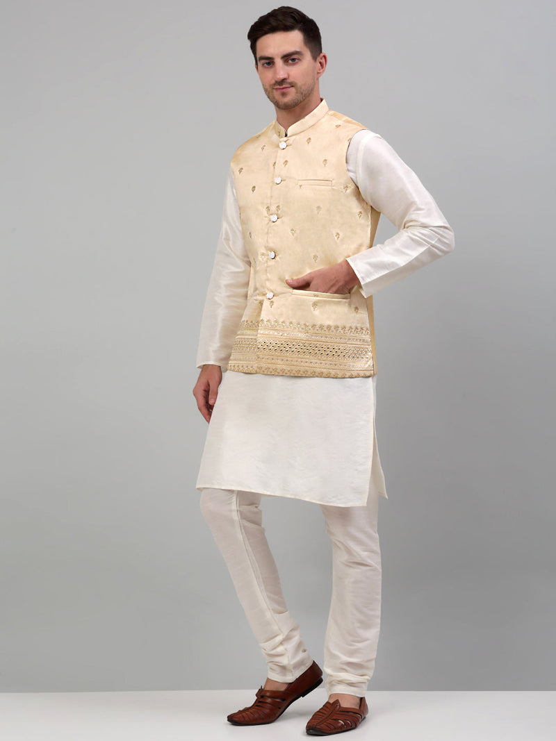 Men's Embroidered Nehru Jacket With Solid Kurta Pyjama Set.