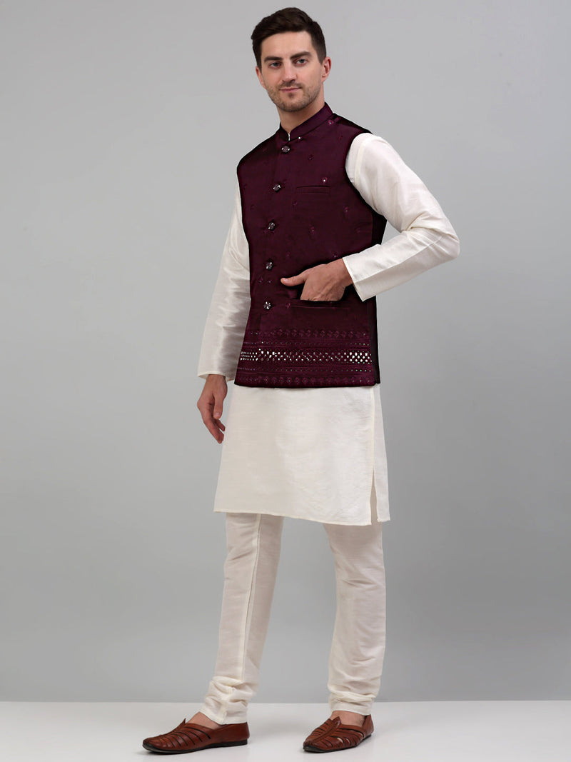 Men's Embroidered Nehru Jacket With Solid Kurta Pyjama Set.