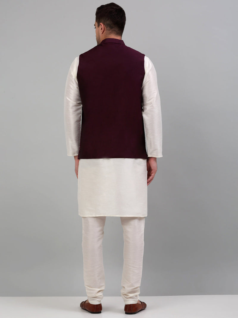 Men's Embroidered Nehru Jacket With Solid Kurta Pyjama Set.