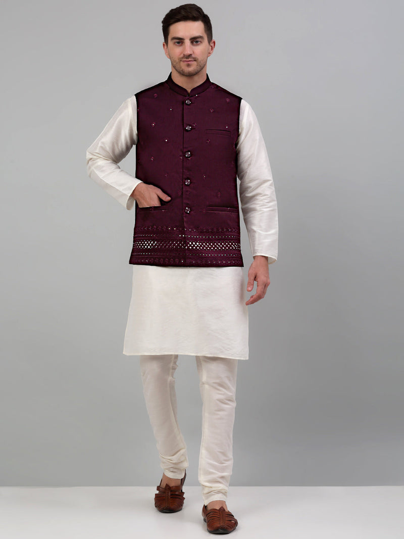 Men's Embroidered Nehru Jacket With Solid Kurta Pyjama Set.