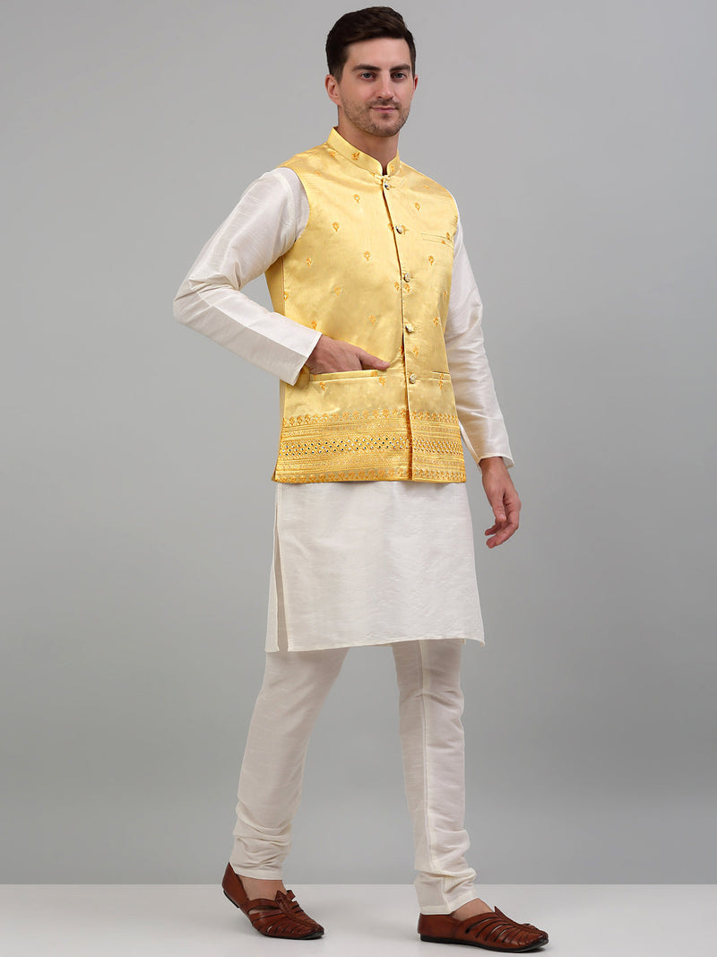 Men's Embroidered Nehru Jacket With Solid Kurta Pyjama Set.