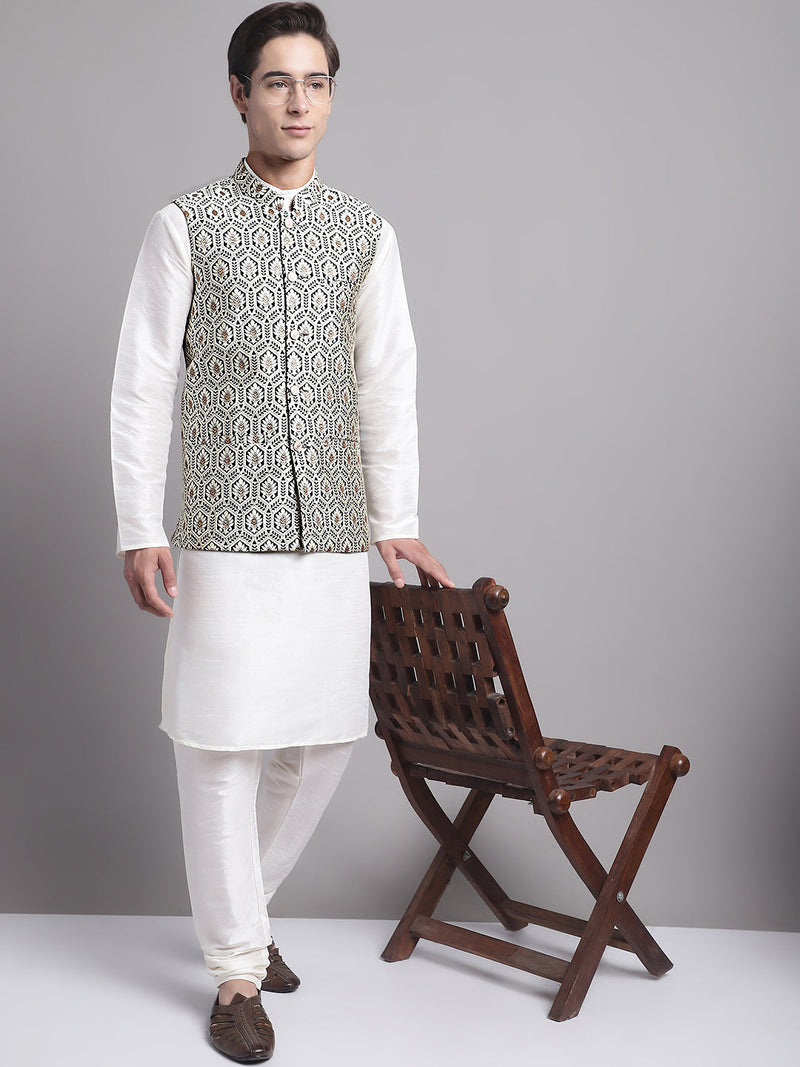 Men's Silver and Black Woven Design Nehru Jacket With Solid Kurta Pyjama.