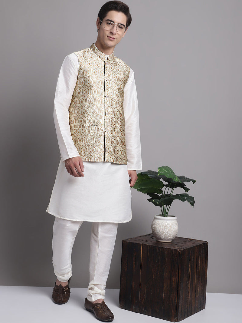 Men's Cream Woven Design Nehru Jacket With Solid Kurta Pyjama.