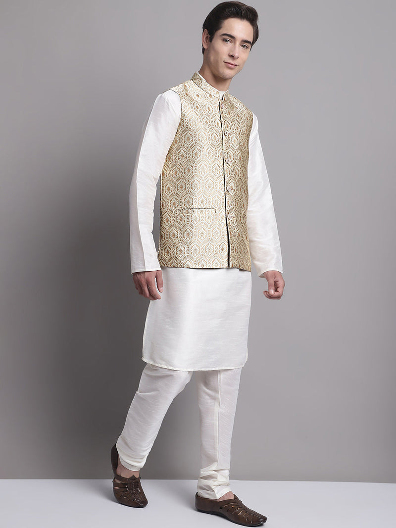 Men's Cream Woven Design Nehru Jacket With Solid Kurta Pyjama.