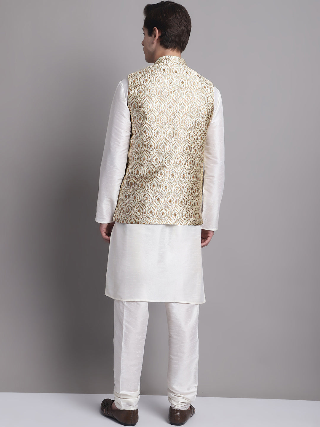 Men's Cream Woven Design Nehru Jacket With Solid Kurta Pyjama.