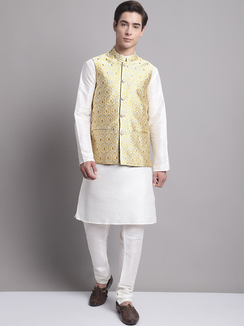 Men's Golden Woven Design Nehru Jacket With Solid Kurta Pyjama.