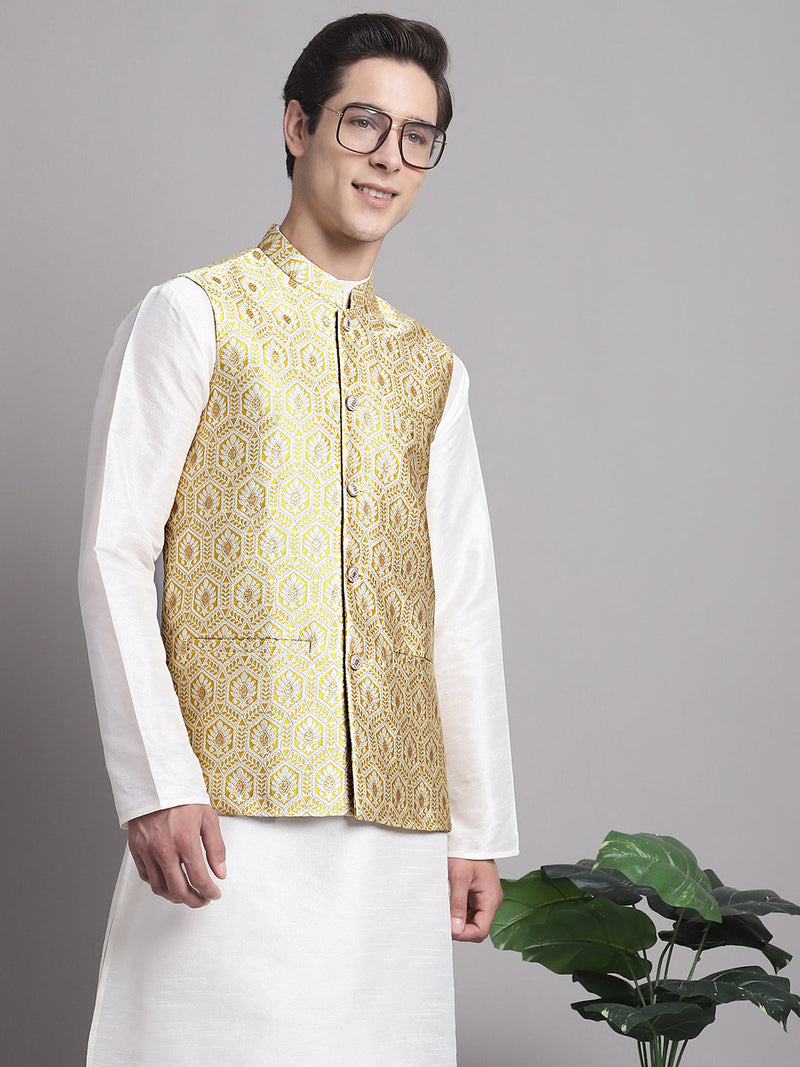 Men's Golden Woven Design Nehru Jacket With Solid Kurta Pyjama.