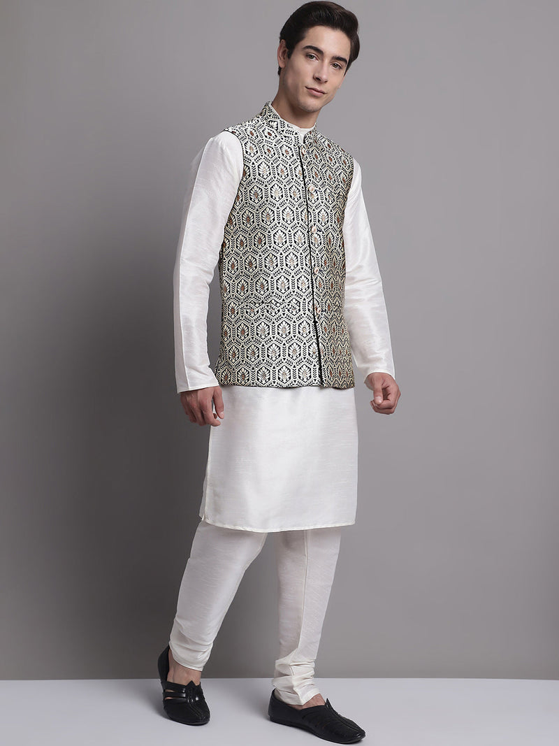 Men's Silver and Navy Blue Woven Design Nehru Jacket With Solid Kurta Pyjama.