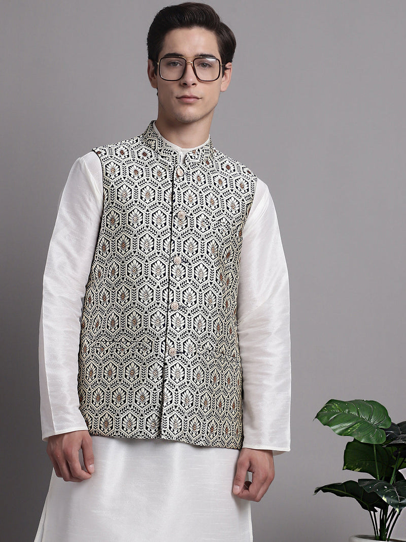 Men's Silver and Navy Blue Woven Design Nehru Jacket With Solid Kurta Pyjama.