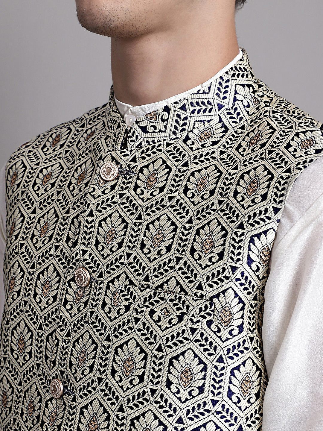 Men's Silver and Navy Blue Woven Design Nehru Jacket With Solid Kurta Pyjama.