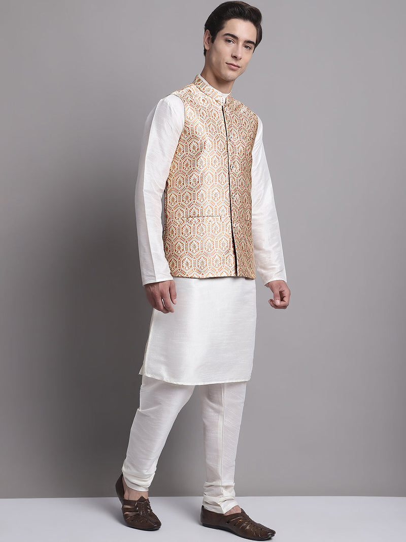 Men's Peach Woven Design Nehru Jacket With Solid Kurta Pyjama.