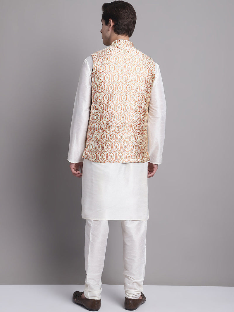 Men's Peach Woven Design Nehru Jacket With Solid Kurta Pyjama.