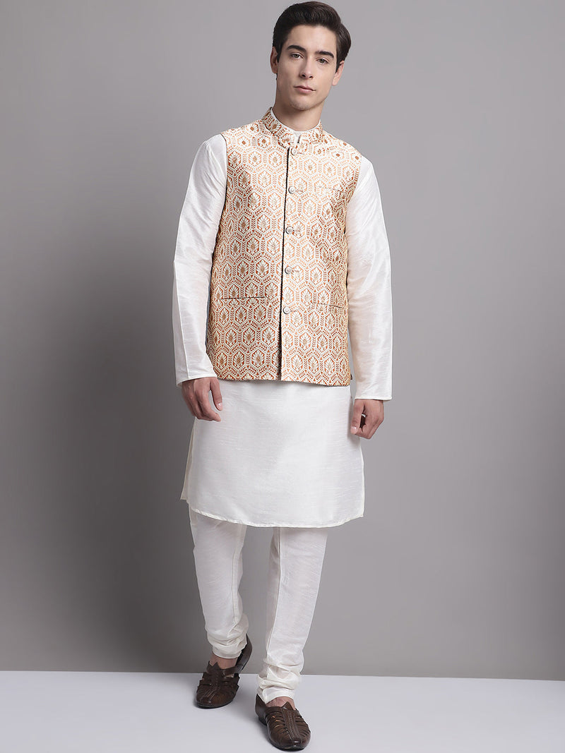 Men's Peach Woven Design Nehru Jacket With Solid Kurta Pyjama.